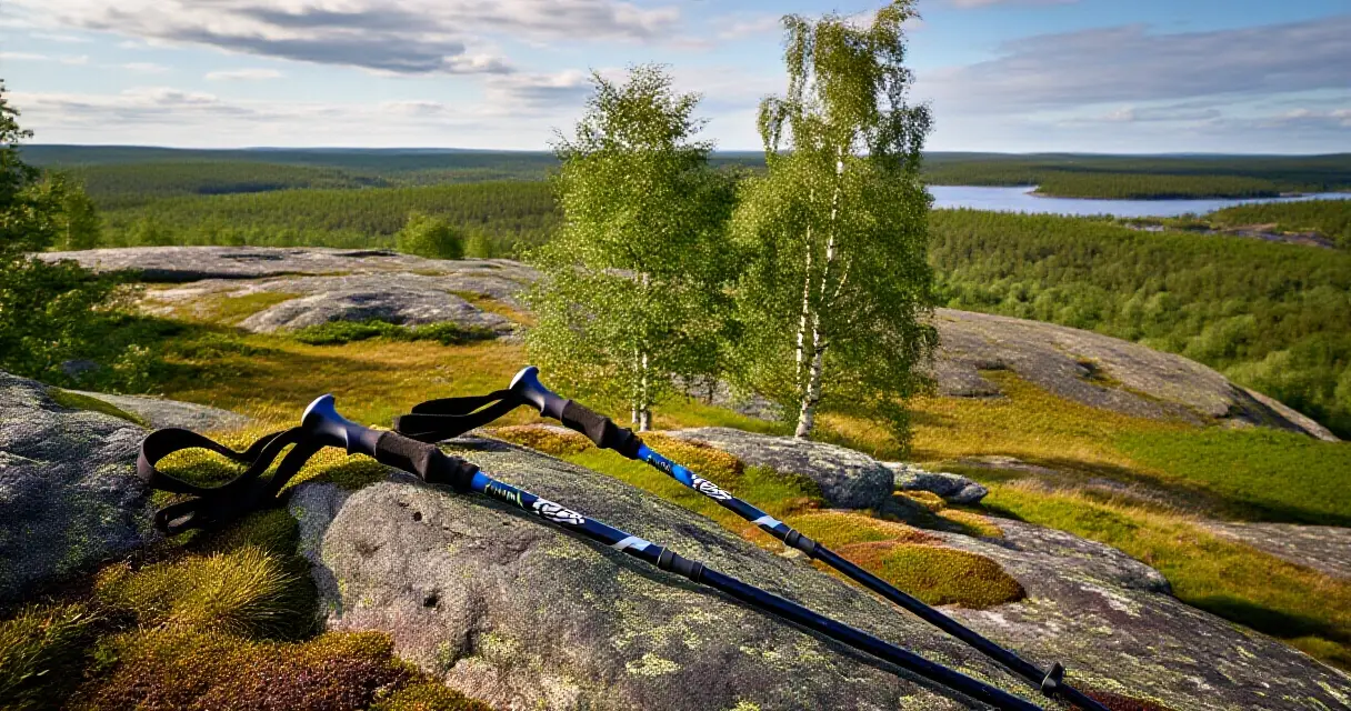 Vaellussauvat nojaamassa kalliomaastossa suomalaisessa tunturiymp&auml;rist&ouml;ss&auml;