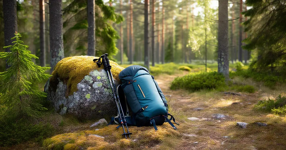 Kevyt retkeilysäkki ja vaellussauvat suomalaisessa metsässä kivellä