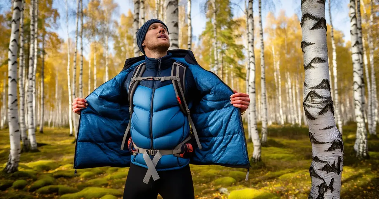 Retkeilijä pukee taukotakkia tauolla suomalaisessa koivumetsässä syksyllä