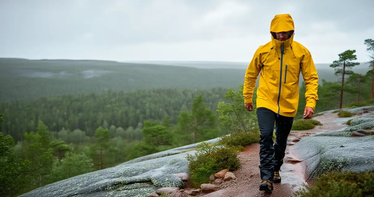 Vaeltaja kevyess&auml; sadevaatteessa suomalaisella tunturireitill&auml; kes&auml;sateessa
