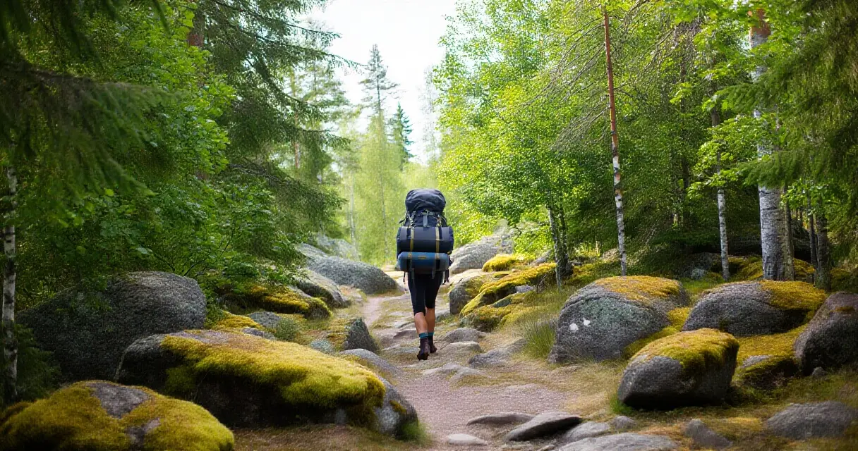 Retkeilijä kävelee metsäpolulla kesäisessä suomalaisessa luonnossa