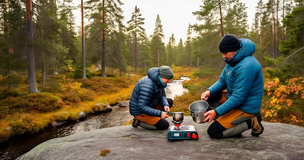 Kaksi retkeilijää valmistavat ateriaa kaasukeittiellä Suomen metsässä