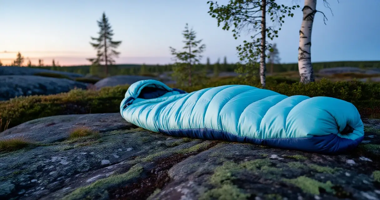 Makuupussi levitettyn&auml; tunturimaisemaan iltavalossa Suomen Lapissa
