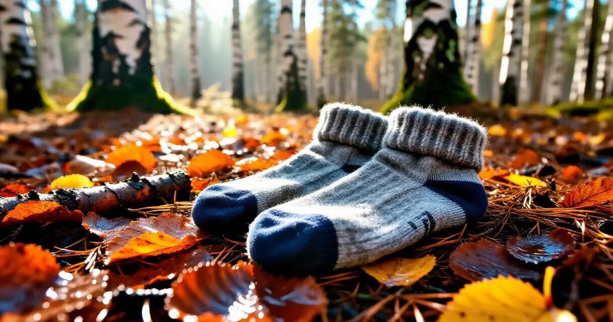 Merinovillaiset retkisukat syksyisessä metsässä märillä lehdillä