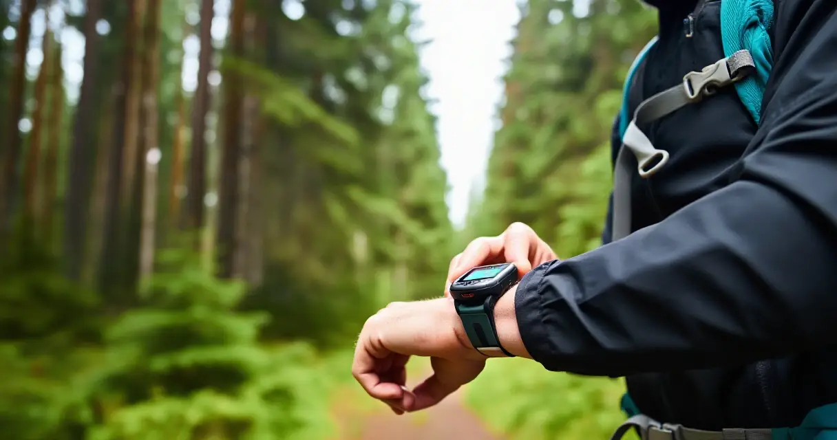 Retkeilij&auml; tarkistaa GPS-kellon sijaintinsa suomalaisessa mets&auml;ss&auml;