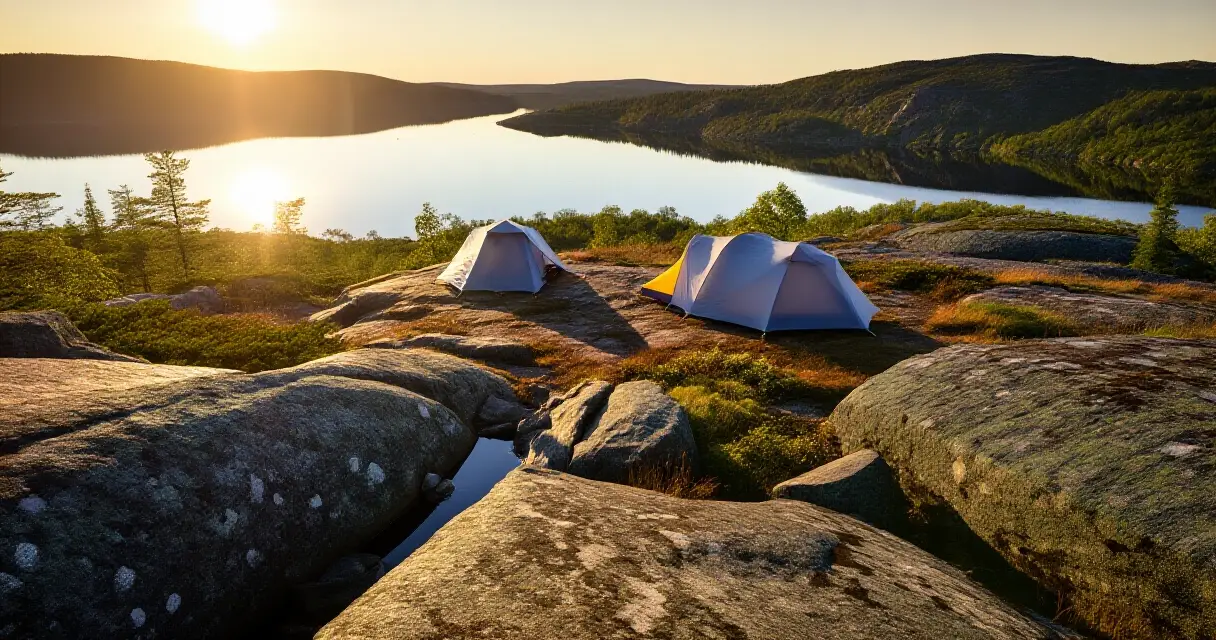 Kaksi retkeilytelttaa pystytettyin&auml; tunturiyl&auml;ng&ouml;ll&auml; auringonlaskun valossa