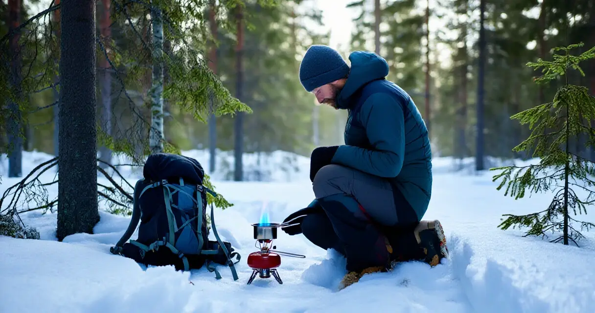 Retkeilij&auml; keitt&auml;&auml; ulkona lumisessa suomalaisessa mets&auml;ss&auml; retkikeittimell&auml;