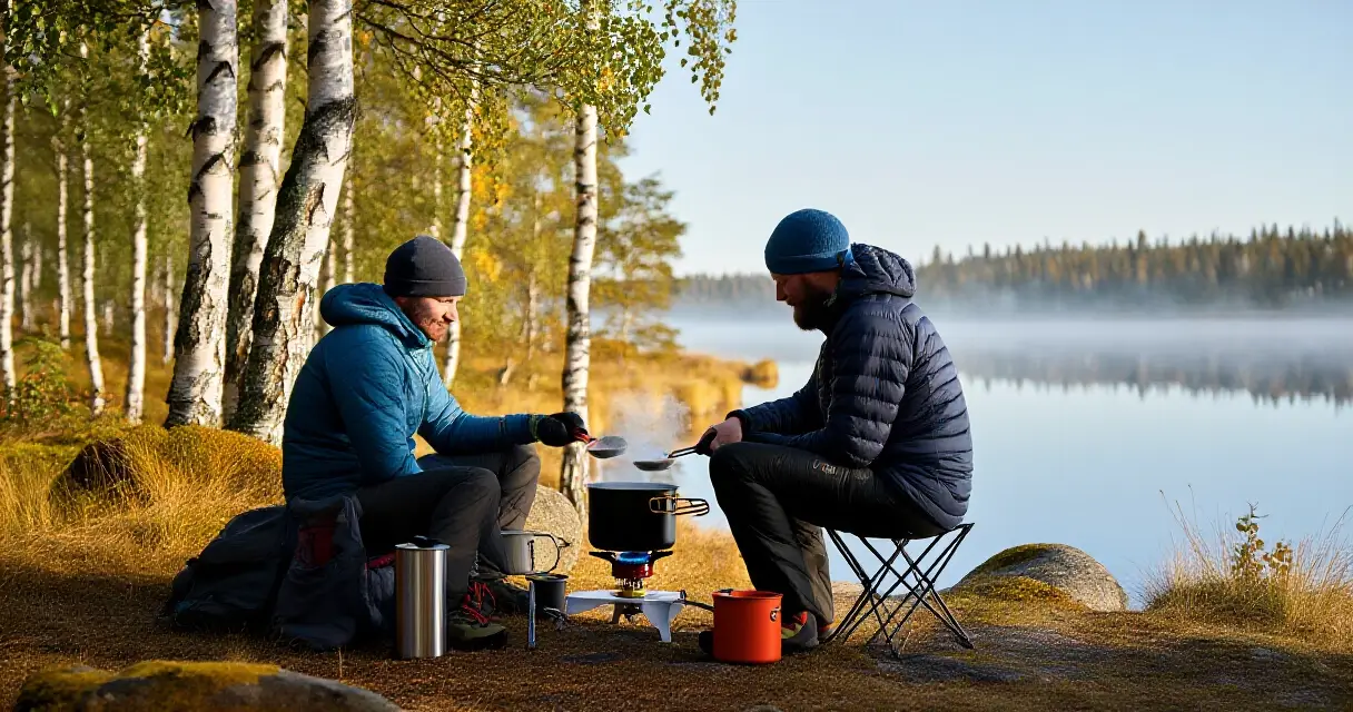 Kaksi retkeilij&auml;&auml; keitt&auml;&auml; ruokaa kaasukeittimell&auml; j&auml;rven rannalla suomalaisessa syysmaisemassa