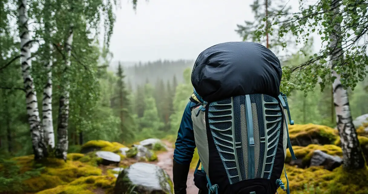 Retkeilij&auml; kantaa ventiloitua vaellusreppua kostealla kes&auml;reitill&auml; suomalaisessa koivumets&auml;ss&auml;