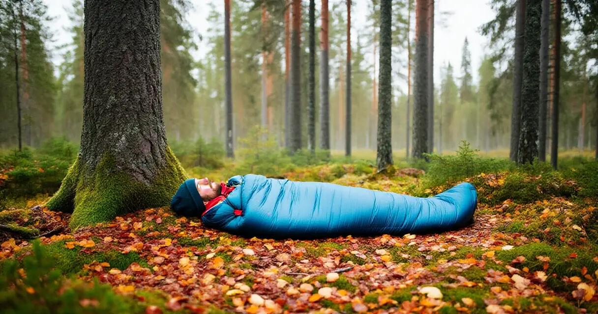 Retkeilijä asettaa makuupussia metsämaastoon syksyllä Suomessa