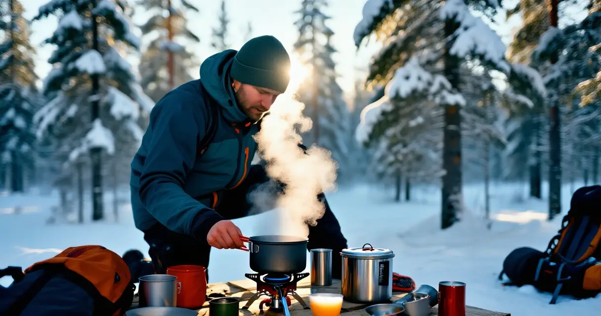 Retkeilij&auml; keitt&auml;&auml; ruokaa retkikeitimell&auml; talvisessa suomalaisessa mets&auml;ss&auml;